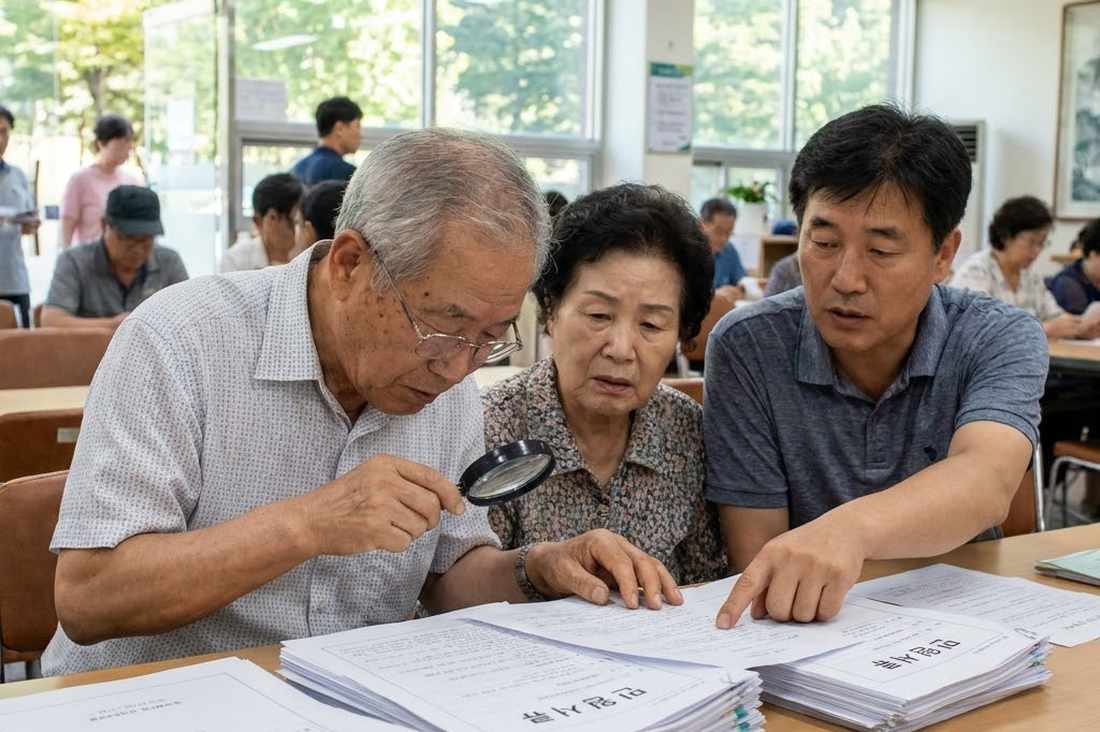 주민센터에서 장애인등록 서류를 살펴보는 어르신