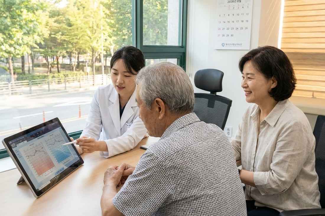 검사 결과지를 함께 살펴보는 의료진과 어르신, 보호자