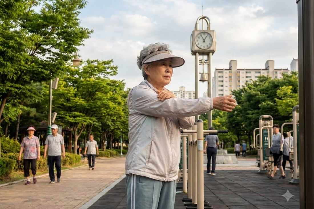 수지체육공원 운동기구 앞에서 스트레칭하는 어르신