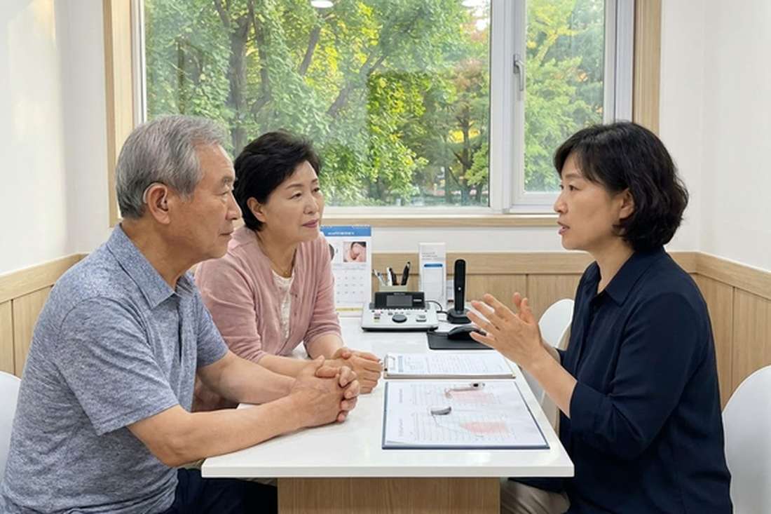 가족과 함께 보청기 상담을 받는 모습