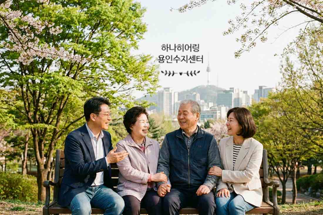 벚꽃이 핀 공원 벤치에 앉아 대화하는 가족의 모습